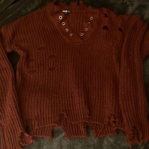 Burgundy pullover distressed knit sweater- M